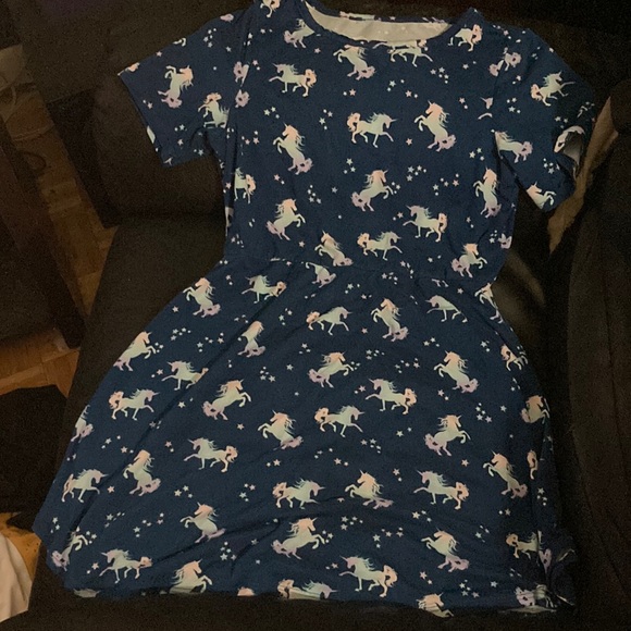 Girls navy blue dress with multicolor unicorns size 10/12 - Picture 1 of 2